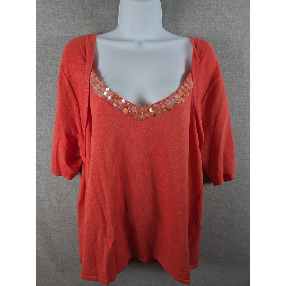 AUGUST SILK Knit Top 2XL Silk Blend Hand Beaded Trim Stretch Coral Career NEW